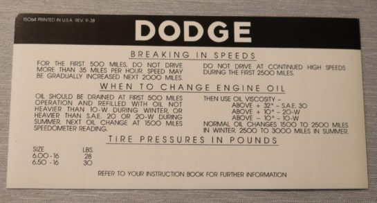 Tire & Brake Pressure Dekal Dodge 1939-41