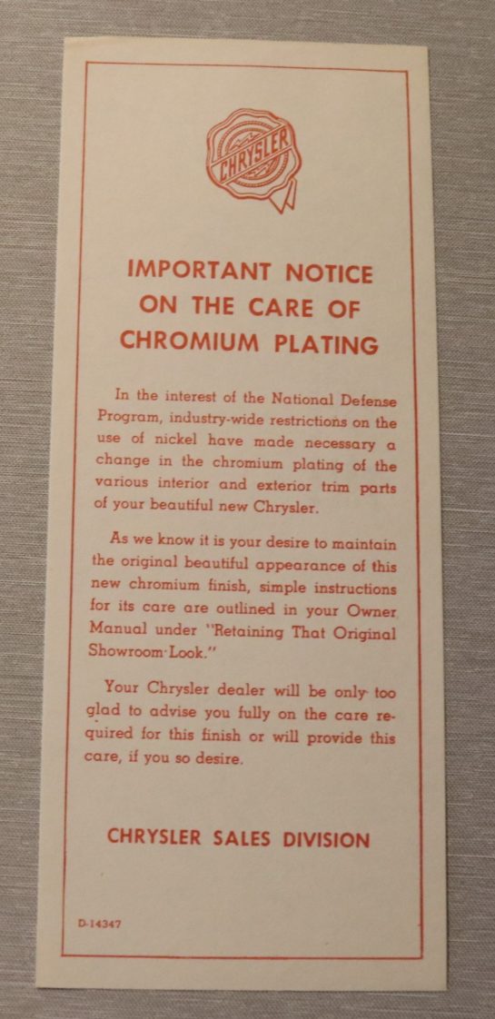 Chrome Care Instruction Chrysler 1940-52