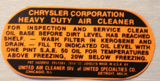 Oil Bath Air Cleaner Dekal Mopar 8 Cyl. 1946-48