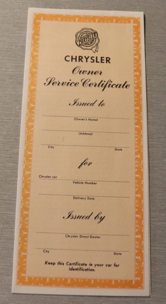 Owner Service Certificate Chrysler 1946-54