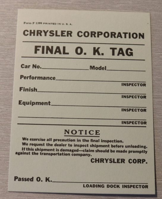 Ok Inspection For Delivery Mopar 1949-58