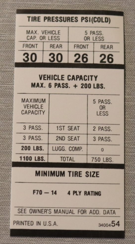 Tire Pressure Dekal Mopar B-Body 383, 440 F70x14 1969