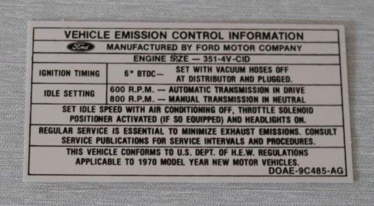 Emission Dekal Ford 351-4V AT/MT 1970