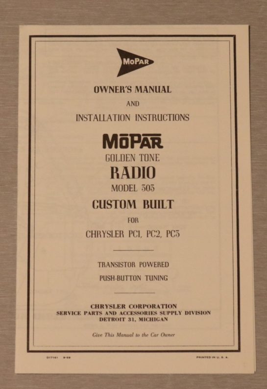 Radio Owners Manual Chrysler 1960