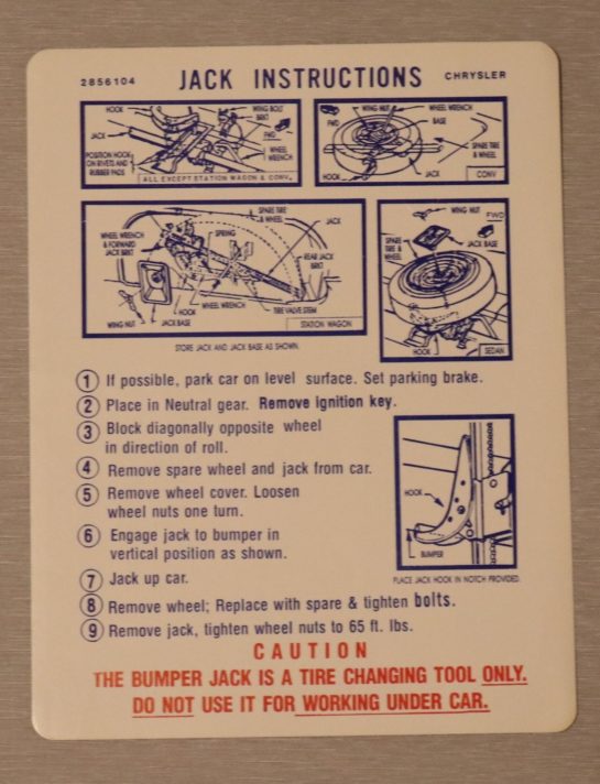 Jack Instruction Chrysler 1968