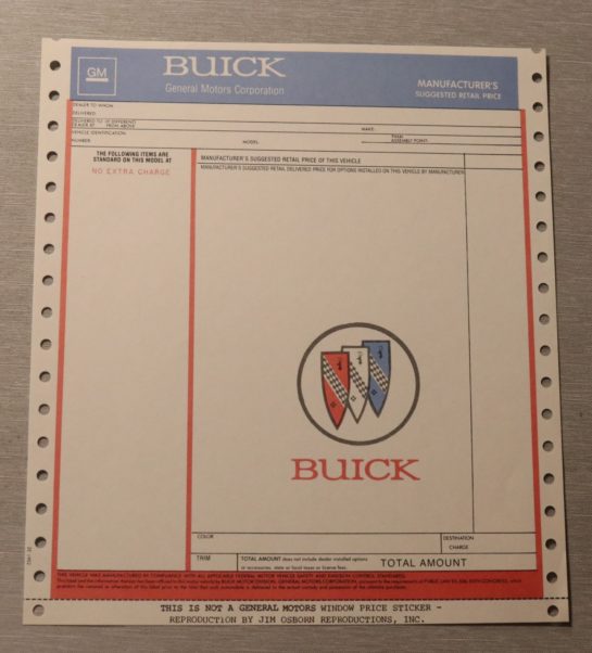 New Car Window Price Sticker Buick 1971-74