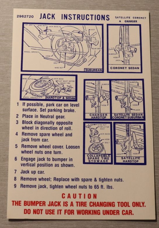 Jack Instruction Charger, Satellite, Coronet 1971