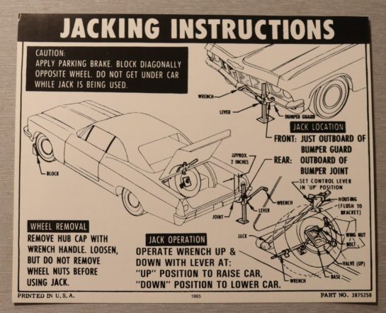 Jacking Instruction Dekal Impala Coupe 1965