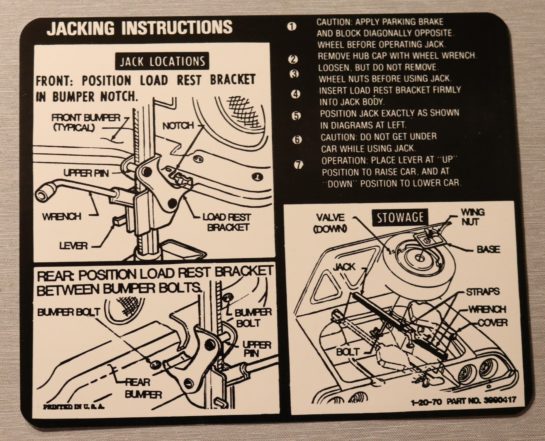 Jack Instruction Camaro 1970