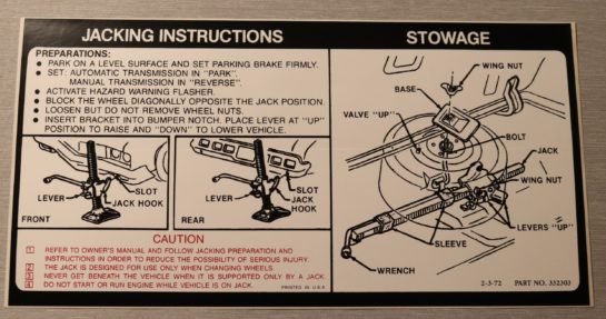 Jack Instruction Chevrolet 1973