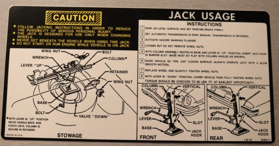 Jack Instruction (Reg. Tire) Camaro 1976-77
