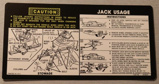 Jack Instruction Chevrolet 1977