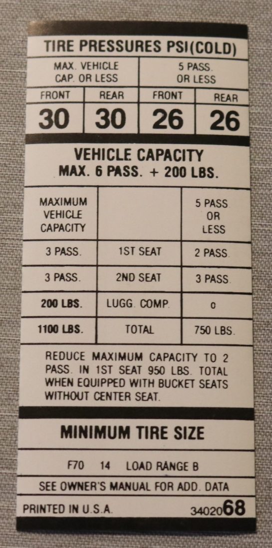 Tire Pressure Dekal 1970 Mopar B-body